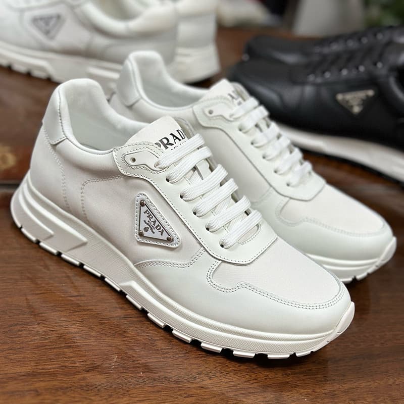 Baskets de sport haut de gamme pour hommes, chaussures de course décontractées à logo triangulaire, en cuir véritable, patchwork, maille, semelle