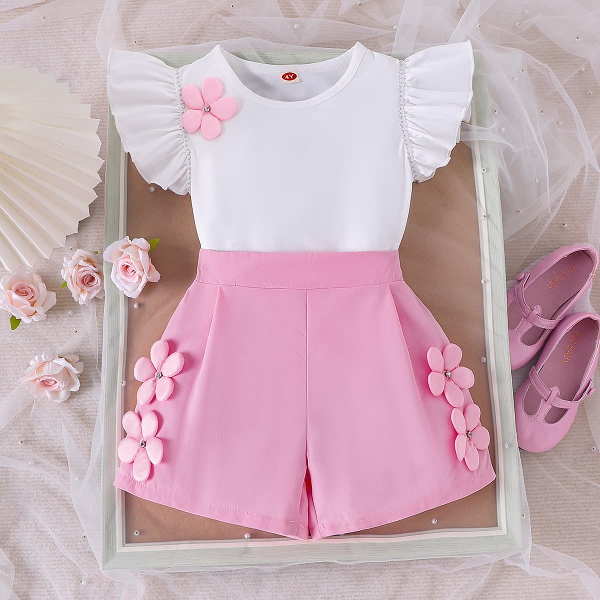 ​Girls' Floral Short Sleeve Top + Pink Shorts Set – Breathable Cotton Summer Outfit For Ages 4-7​