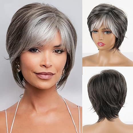 Synthetic Clip-in New Wigs Ladies Black And White Mixed Color Side Parted Short Straight Hair Wigs