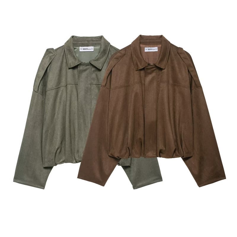 Women's Faux Suede Bomber Jacket – Stylish Stand Collar, Lightweight Polyester, Trendy Streetwear Essential, Brown/Dark Green/Black, XS/S/M/L