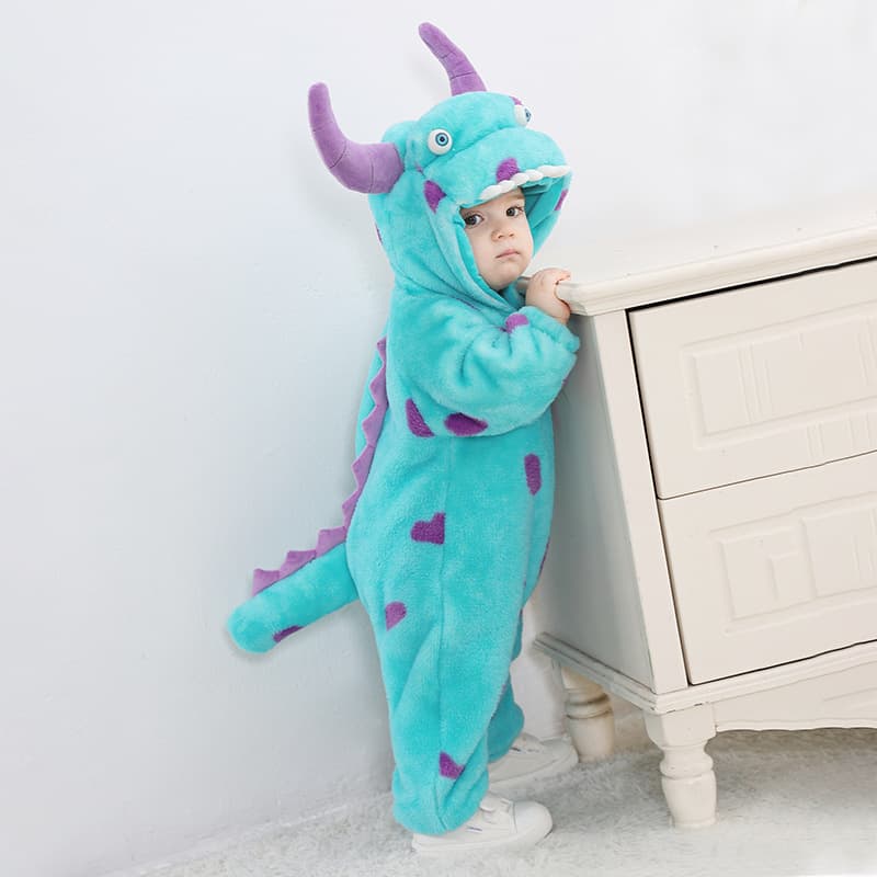 New Autumn Baby Blue Flannel Single Layer Jumpsuit Cute And Lively Monster Calf Shape Clothes