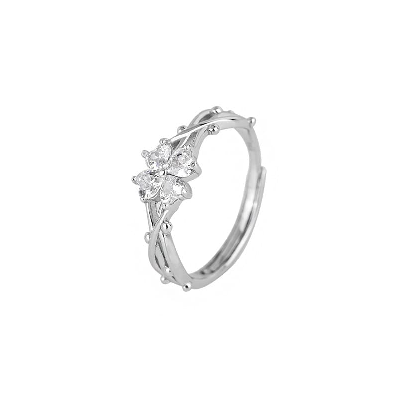 S999 Sterling Silver Thorn Four Leaf Clover Ring Female Fashion Personality Adjustable Ring Retro Forest Index Finger Ring