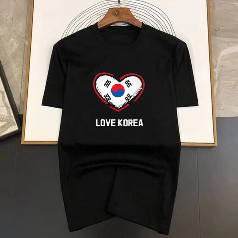 Men's 100%Cotton T-shirts I Love Korea Printed Street Retro Short Sleeve Hip Hop Tops Oversized Tee Shirt Man Loose