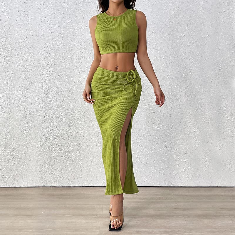 Women's Clothing Pleated Textured Slit Suit Summer Sleeveless Dopamine Vest Two Piece Suit