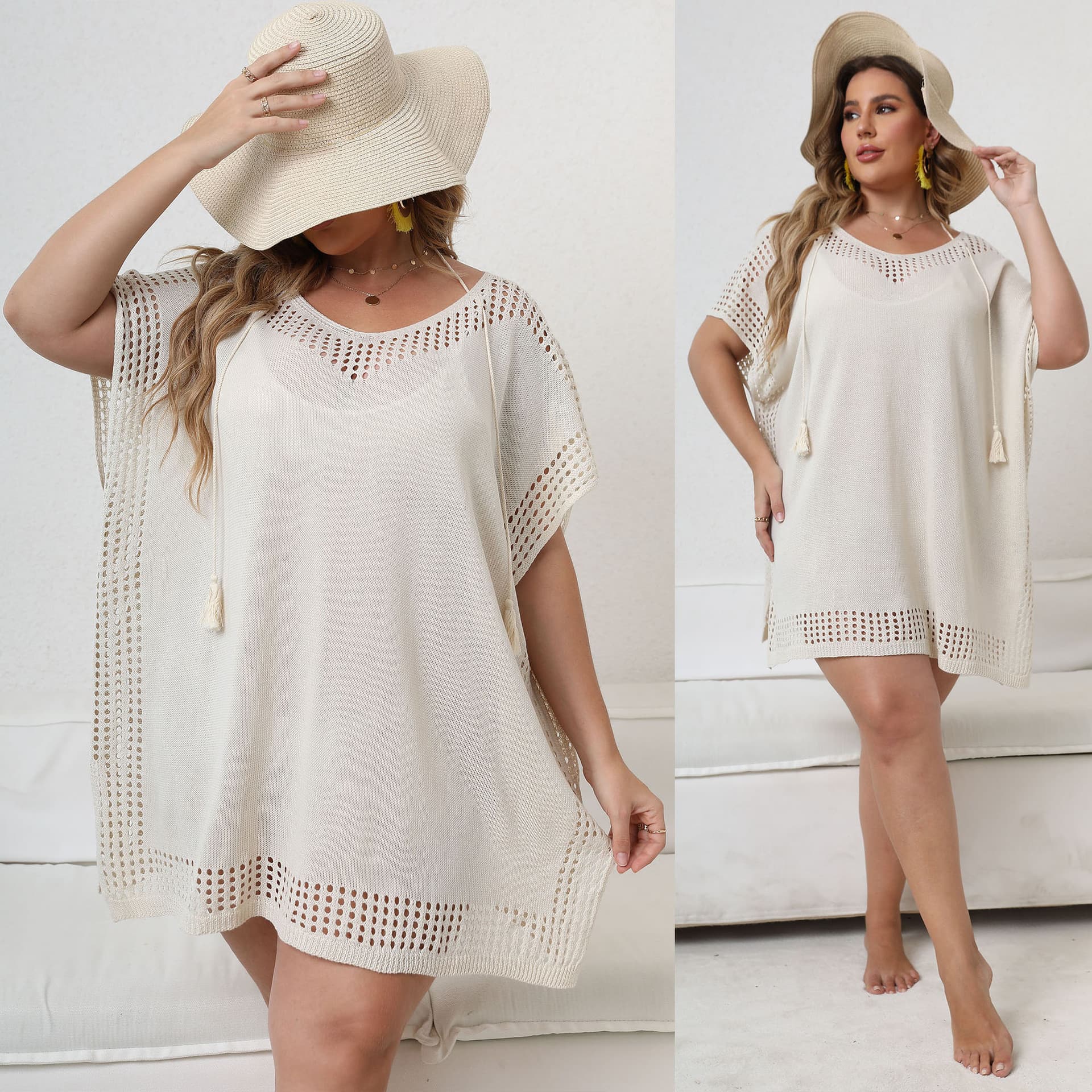 Plus Size Women's Openwork Patchwork Woven Shirt V-neck Loose Beach Bikini Blouse