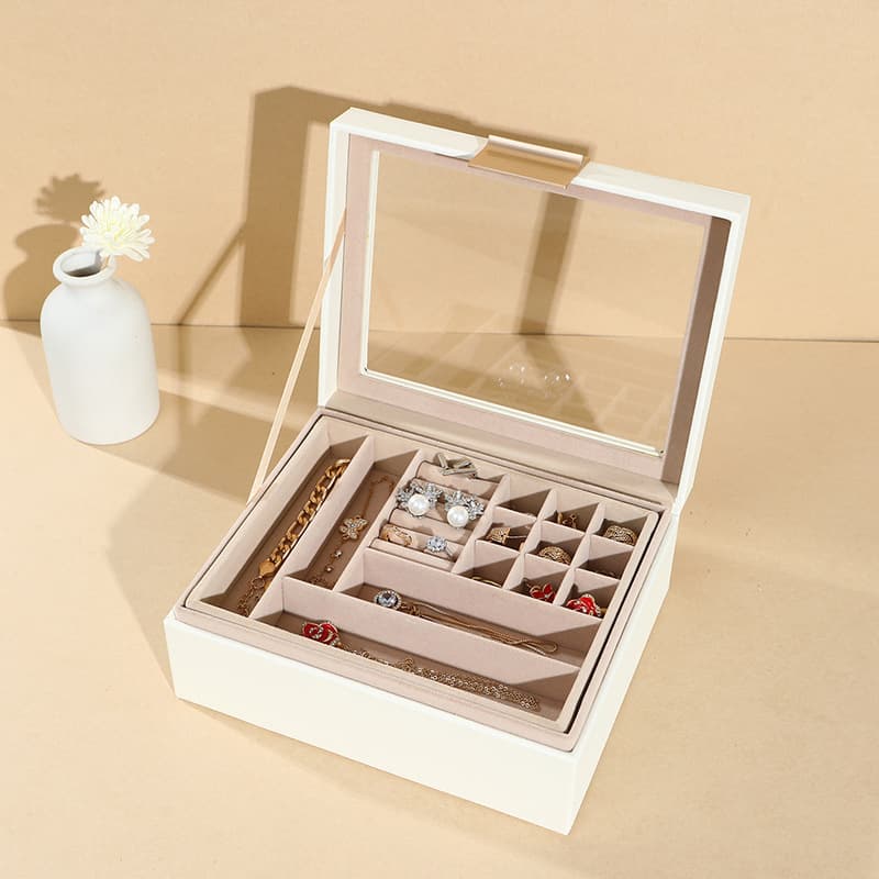 PU Two Layer Window Detachable Tray Jewelry Box Earrings Ring Necklace Bracelet Princess Jewelry Box Storage