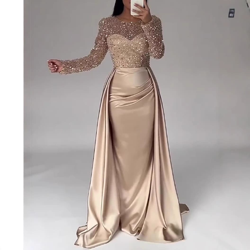 Elegant Satin Mermaid Evening Gown With Beaded Details - Rose Gold & Champagne For Prom, Gala, And Formal Events​​