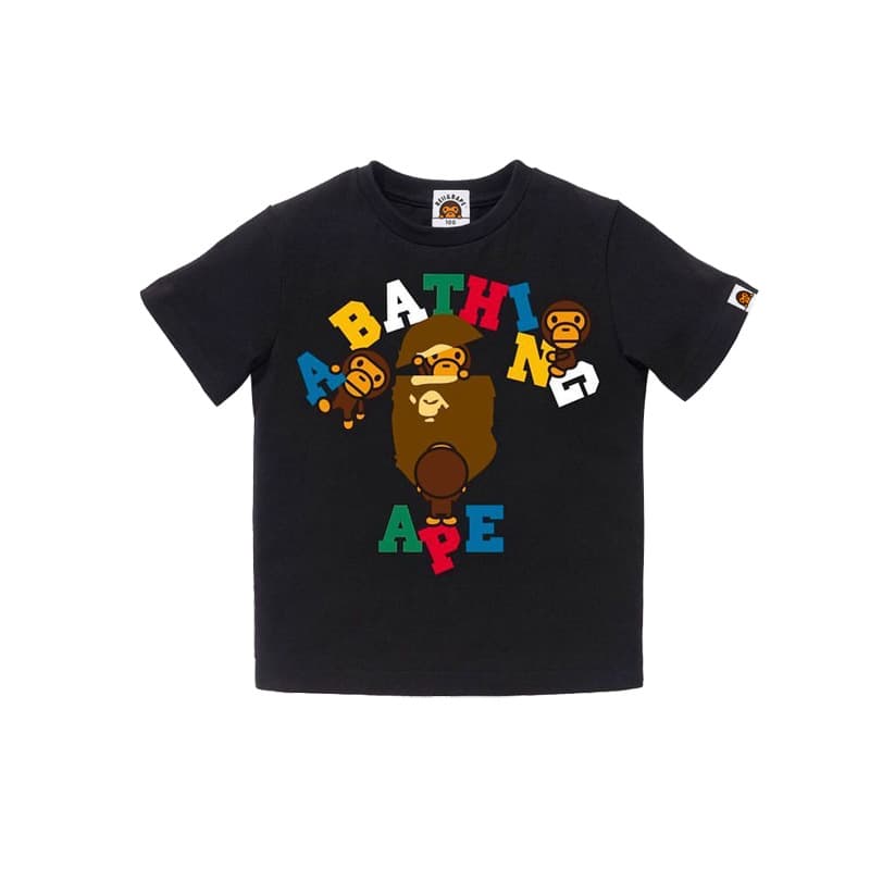 BEII&Trendy Children's Cotton Short sleeved Colorful Letter Little Monkey Loose Camo Print Parent Child T-shirt