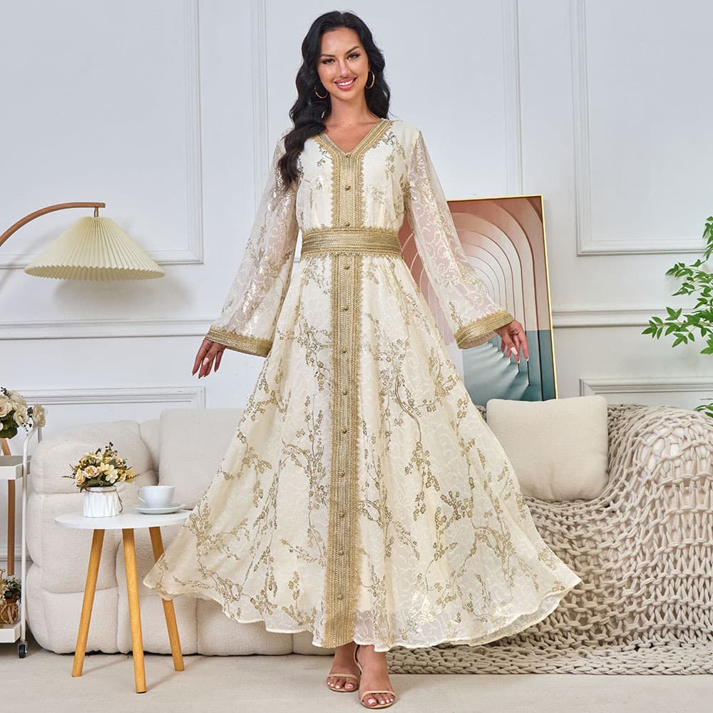 Women's Clothing Modest Abaya Dress Plus Size Modest Abaya Dress – Elegant Long Sleeve Dubai-Style Kaftan With Gilded Buttons & Flared Hem (White)