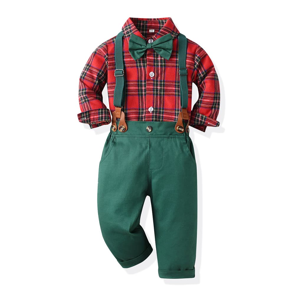 Kid's Clothing Boys suit new children Christmas gentleman dress long sleeve plaid shirt autumn and winter green overalls