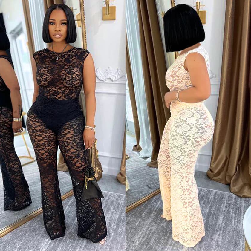 ​​Elegant Lace Two-Piece Set – Slim Fit See-Through Top & Elastic Waist Pants For Women​​