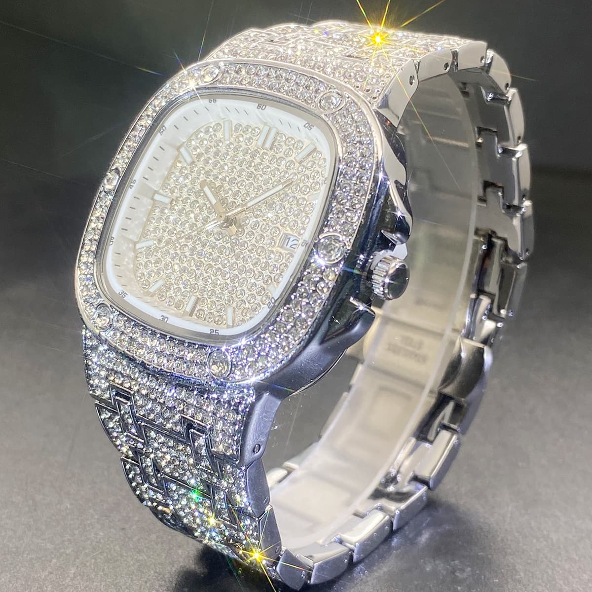 Men's And Women's Hip Hop Style Luxury Square Diamond Quartz Waterproof Watch With Luminous Hands Mineral Glass Stainless Steel Buckle