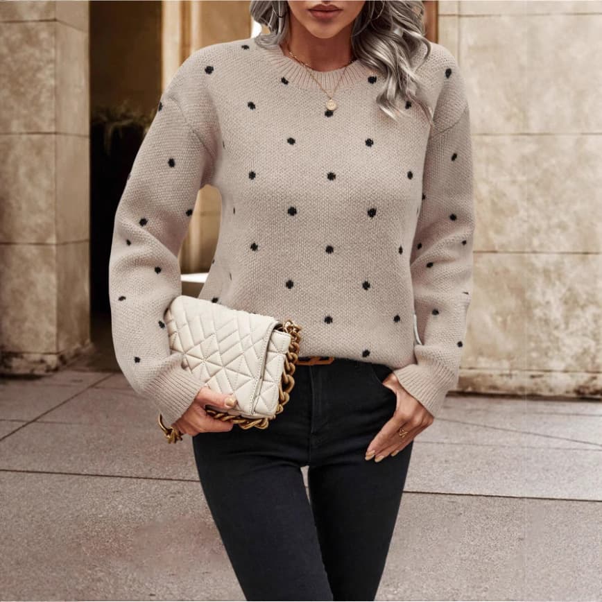 Women's Clothing Elegant Polka Dot Jacquard Knit Sweater - Loose Fit Round Neck Long Sleeve Top For Women​