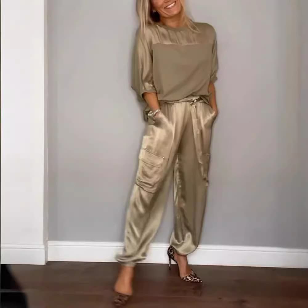 Women's Clothing Fashion Women's Smooth Satin Half sleeved Top and Pants Set Two piece Set