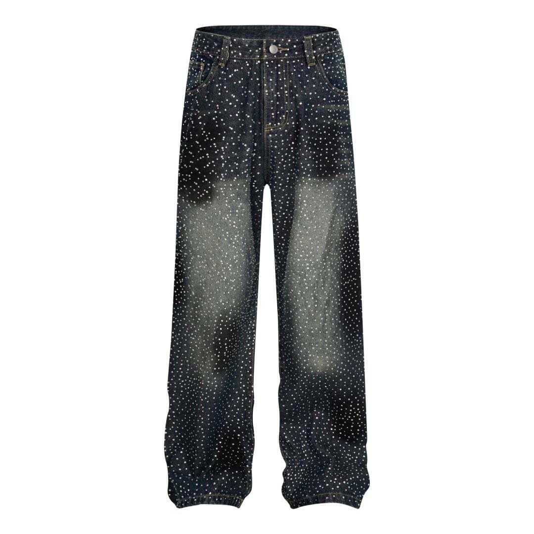 Men's Clothing High Street Washed Distressed Graffiti Rhinestone Jeans Unisex Fashion Brand Loose Wide Leg Straight Trousers