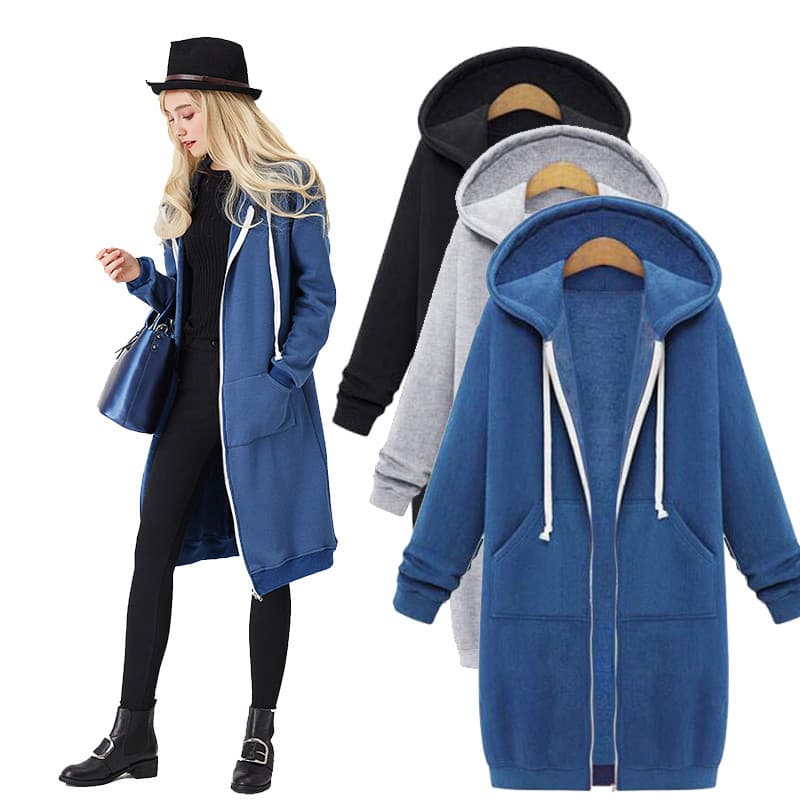 Women's Clothing Autumn and Winter Women's Clothing Hooded Long Sleeve Mid Length Sweater Fleece Long Coat