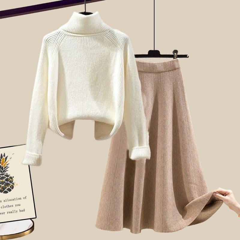 Ensemble deux pièces pour femme : pull à col roulé en maille et jupe amincissante. Collection automne-hiver.