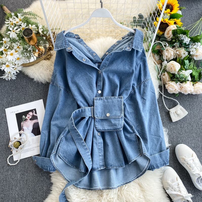 Versatile Denim Shirt With Adjustable Waist Tie & Backless Design – Multi-Way Styling For Women