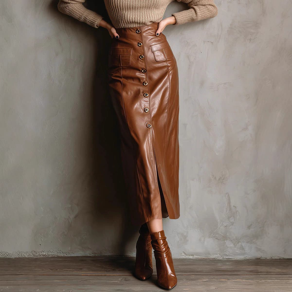 High-Waist PU Leather Long Pencil Skirt – Sexy Bodycon Split Hem With Gold Buttons (Dark Brown, S-XXL)