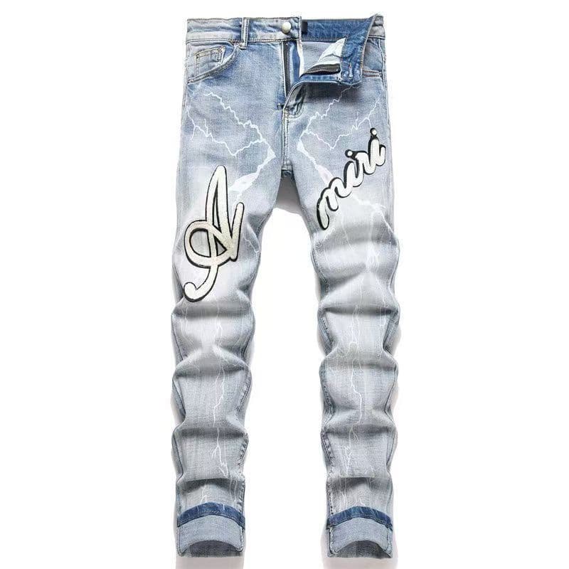 Jean slim rétro pour homme, haute qualité, exportation transfrontalière, avec écussons déchirés et broderies.