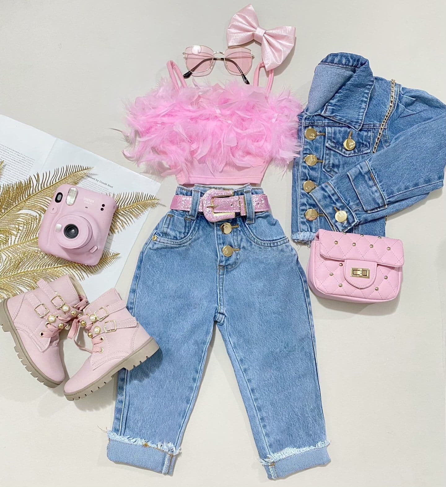 Mother & Kids Baby Clothing Girls Solid Color Halter Top + Denim Pant Suit