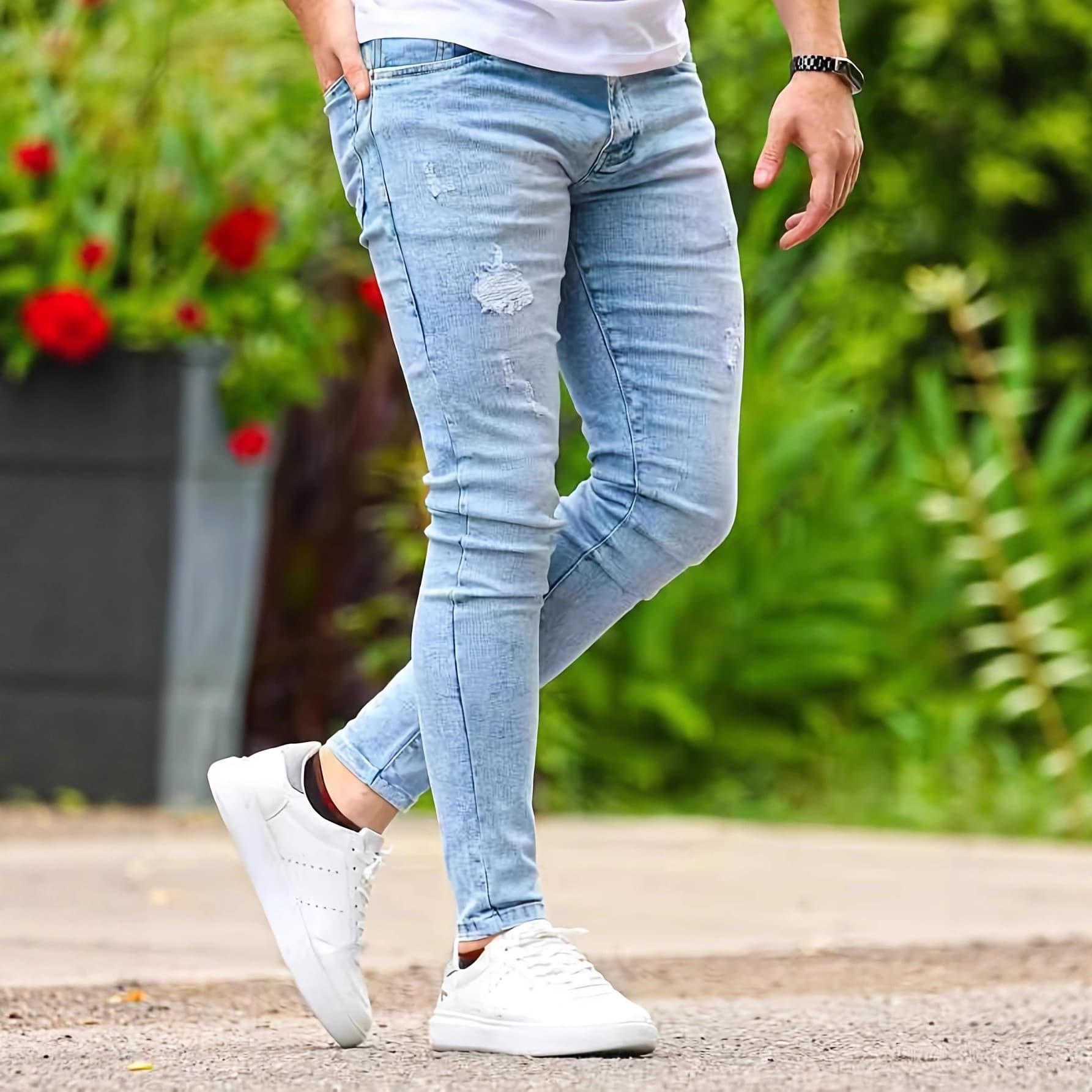 Men's Slim Fit Ripped Jeans Mid Rise Stretch Skinny Long Pants European American Style Washed Jeans For Men
