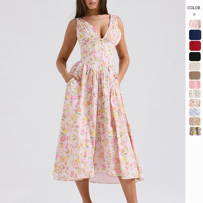 Women's long skirt style fashion print V-neck temperament dress