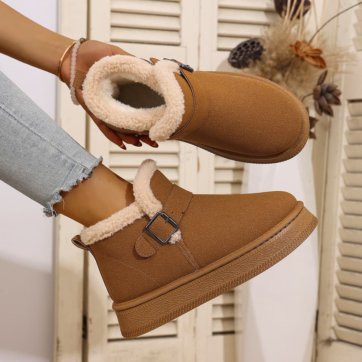 Winter New Belt Buckle Snow Thick-Soled Short Slip-On Warm Fleece-Lined Plus Size Cotton Boots For Women