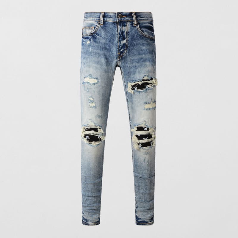 Men's Clothing Street Fashion Men's Jeans Distressed Light Blue Patch Hip Hop Slightly Elastic Slim Fit Skinny Jeans Men's Trend