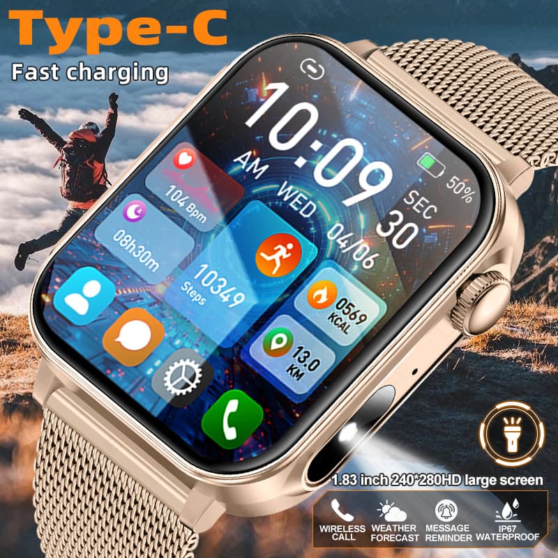 1.83" HD Screen Smart Watch Men Bluetooth Call Type-C Fast Charging New Watches IP67 Waterproof Sports Health Monitor Smartwatches