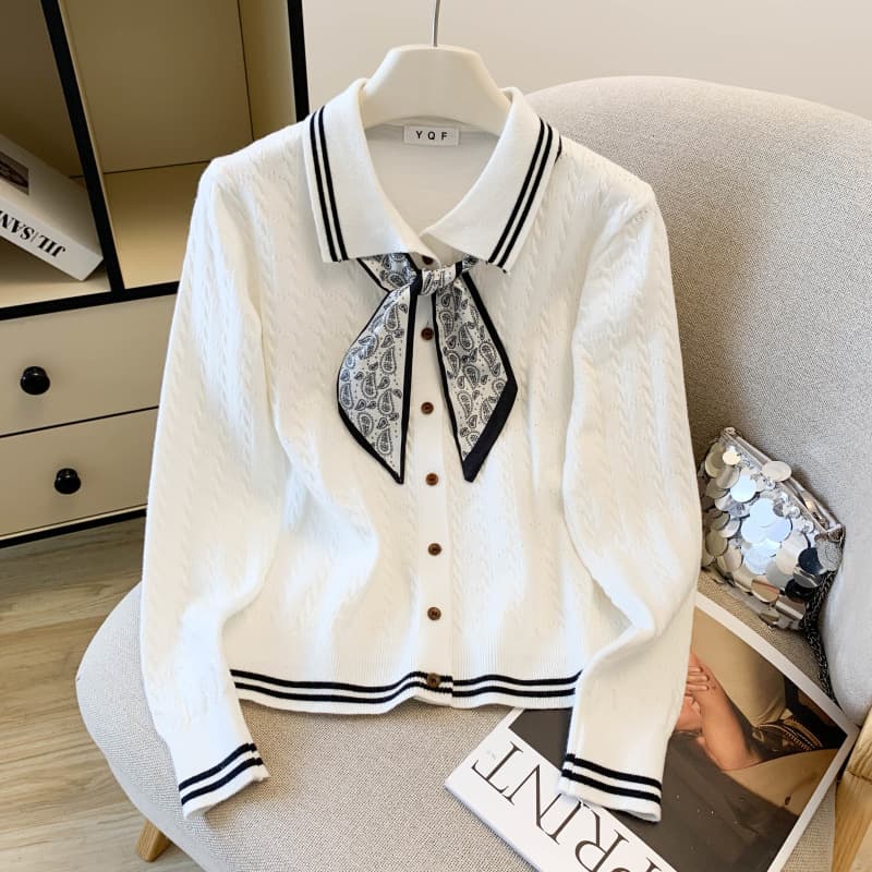 Trendy Polo-Collar Knit Cardigan With Scarf Tie – Casual & Elegant Open-Front Sweater (White/Blue/Light Gray/Dark Gray, One Size)