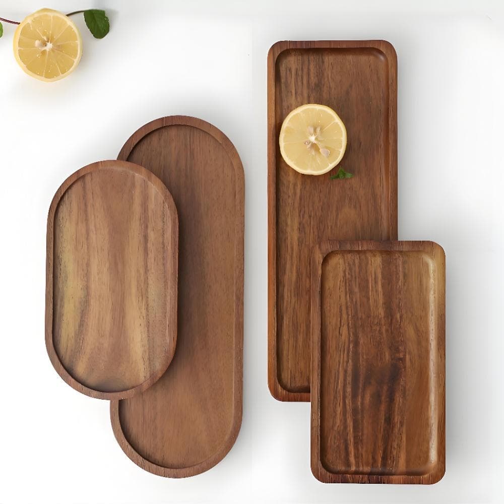 Acacia Wood Rectangular Serving Tray – Heat-Resistant Wooden Platter For Bread Tea Cups & Dining (Elegant Natural Wood Grain Finish)​