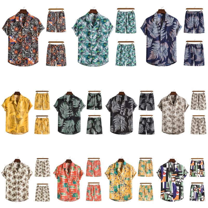 Hawaiian series floral shirt men's casual 2023 short sleeved beach pants two-piece set