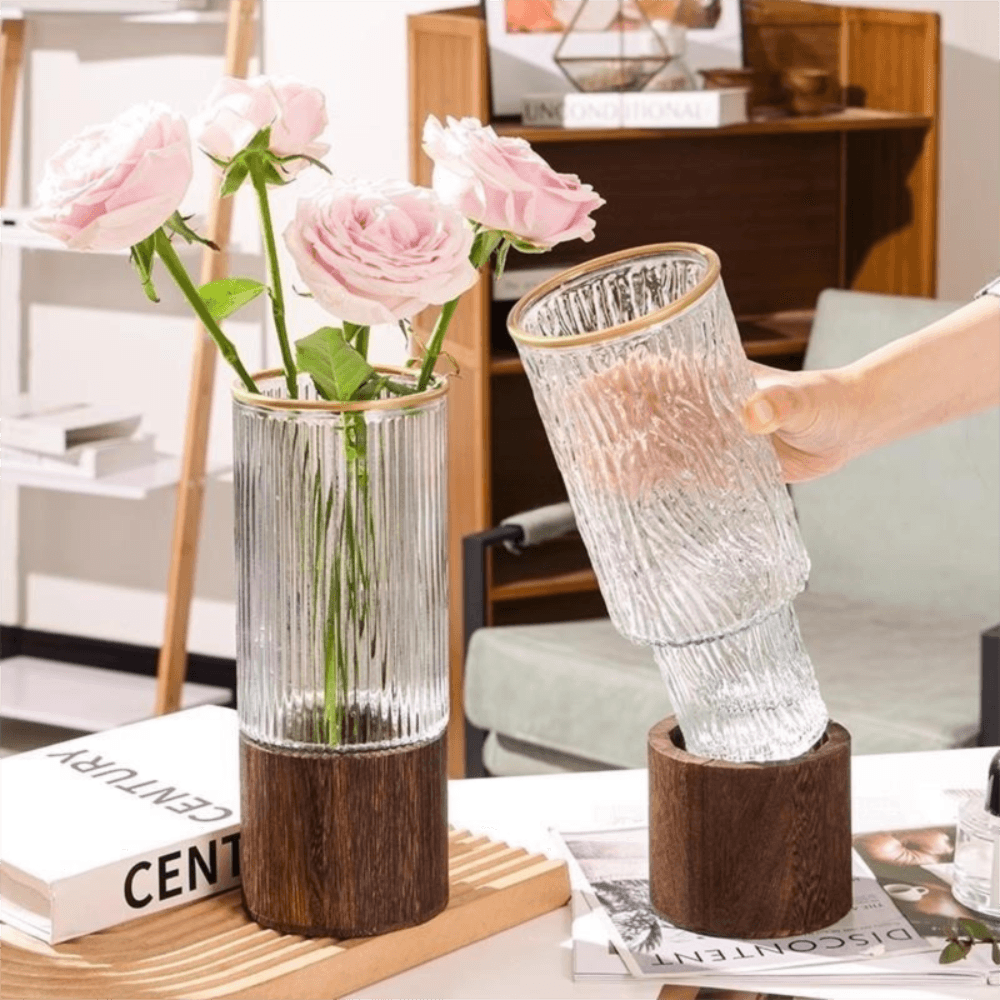 Retro Wooden Base Glass Striped Thick Cylinder Flower Large Capacity Water Nourishing Vase Wedding