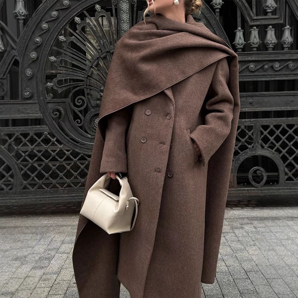 Elegant Long Wool Coat For Women - Scarf Collar Loose Fit Overcoat With Double Breasted Closure, Autumn Winter Fashion Outerwear