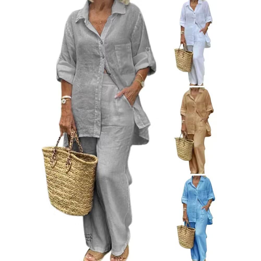 Women's Lapel Long-sleeved Cardigan Tops and Pants Two-piece Set