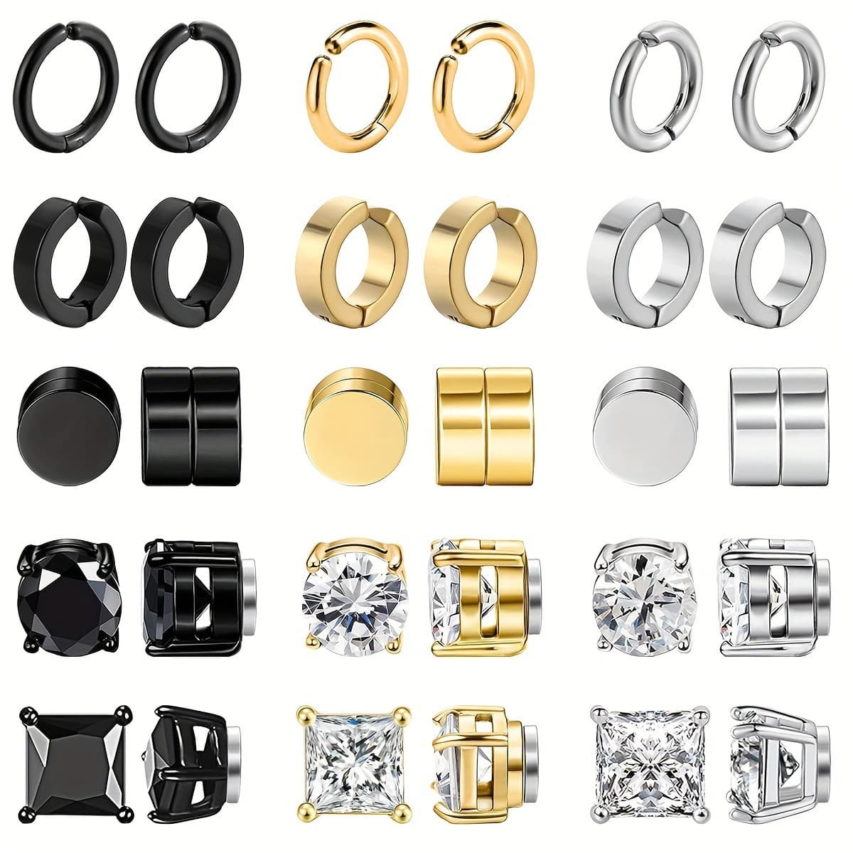 Stainless Steel Round Non Pierced Ear Clips Zircon Ear Studs Combination Set Trendy Men's Non Pierced Ear Magnet Earrings