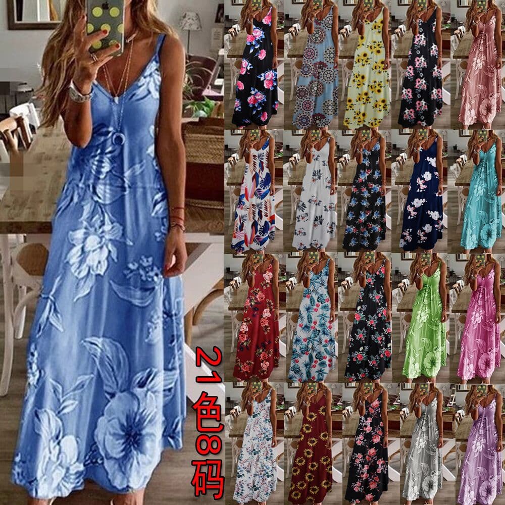 Women's Clothing American Style Summer Dress Digital Print Suspender V Neck Sleeveless Long Dress