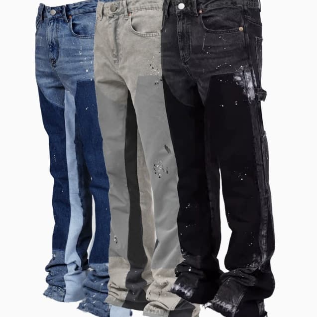 Men's Clothing Fashion Versatile Men's Denim Workwear Elastic Patch Laminated Flared Denim Straight Trousers