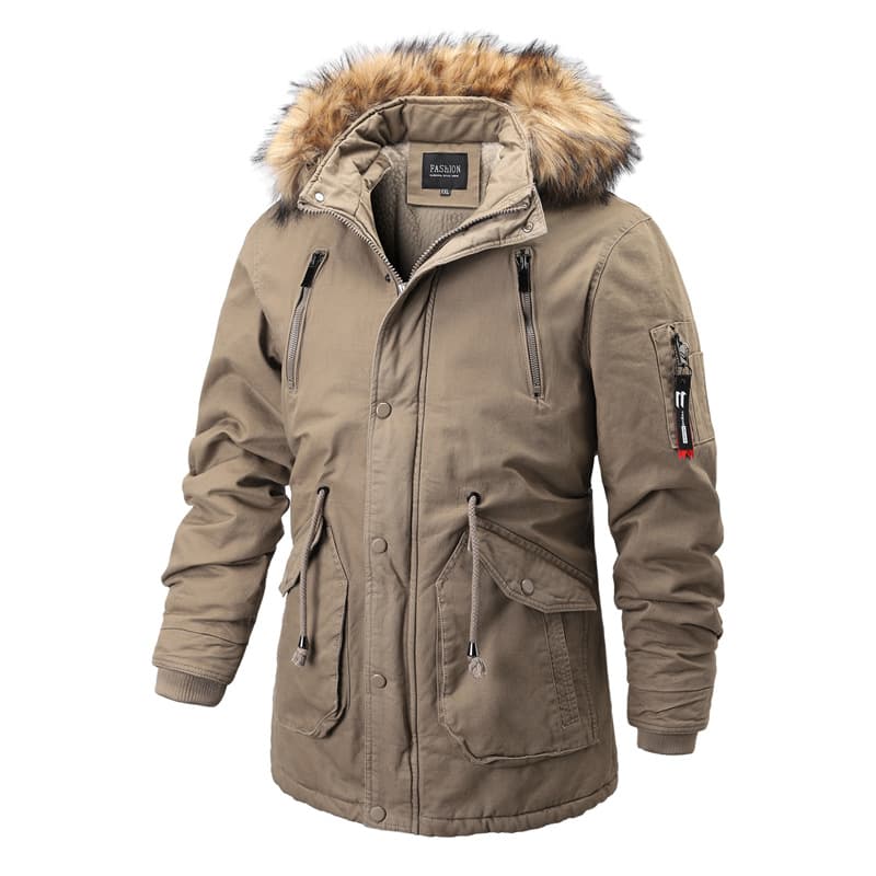 Cotton With Plush Men's Medium Length, Thickened Winter Multi Pocket Cotton Jacket, Woolen Collar Jacket For Warmth