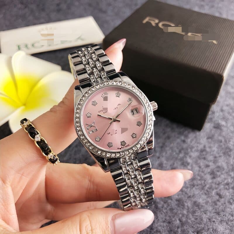 【Avec boîte】Montre femme style coréen business tendance, cadran rond orné de strass, bracelet en acier