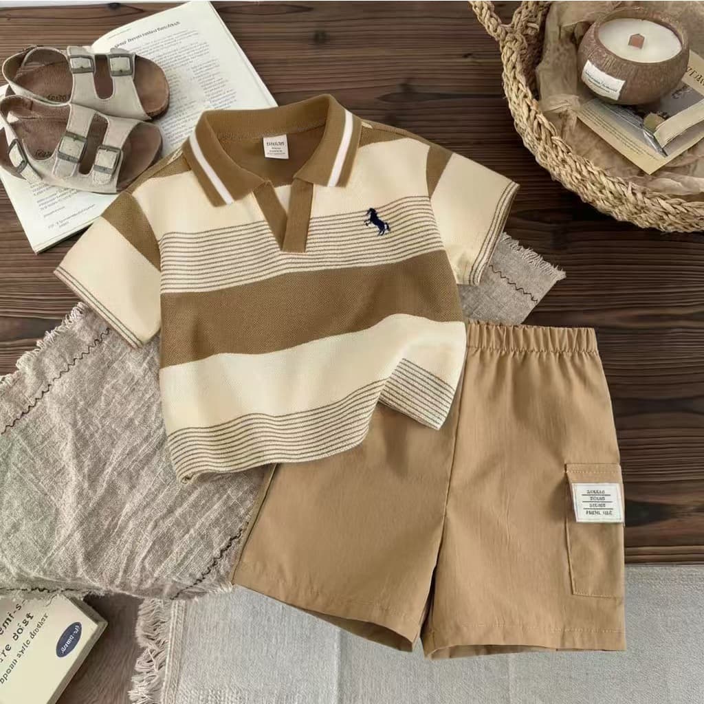 Mother & Kids Children's Striped Set Short Sleeved Trendy Two Piece Casual Boy T-Shirt Summer Style For Toddler Boys (3-7Y)