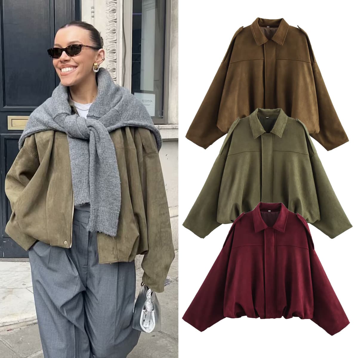 Autumn Women's Casual Flannel Lapel Bomber Jacket - 9 Trendy Colors (XS/S/M/L) | Stylish Loose Fit Batwing Sleeve Streetwear Coat