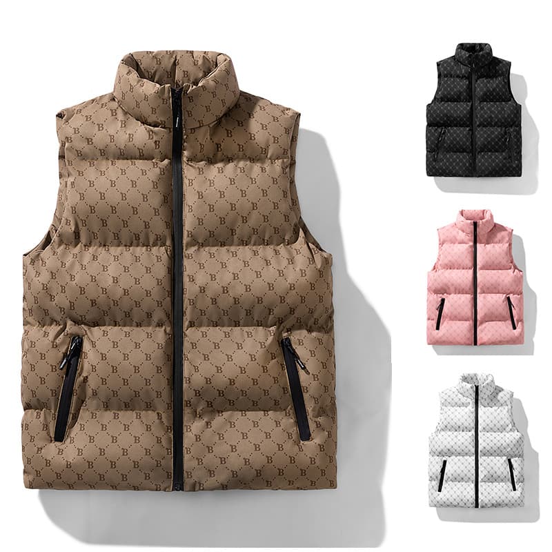 ​​Men's Stand Collar Cotton Vest Jacket – Casual Loose Fit, Winter Fashion B-Letter Design, Black/White/Pinkish/Brown (Sizes M-5XL)​​