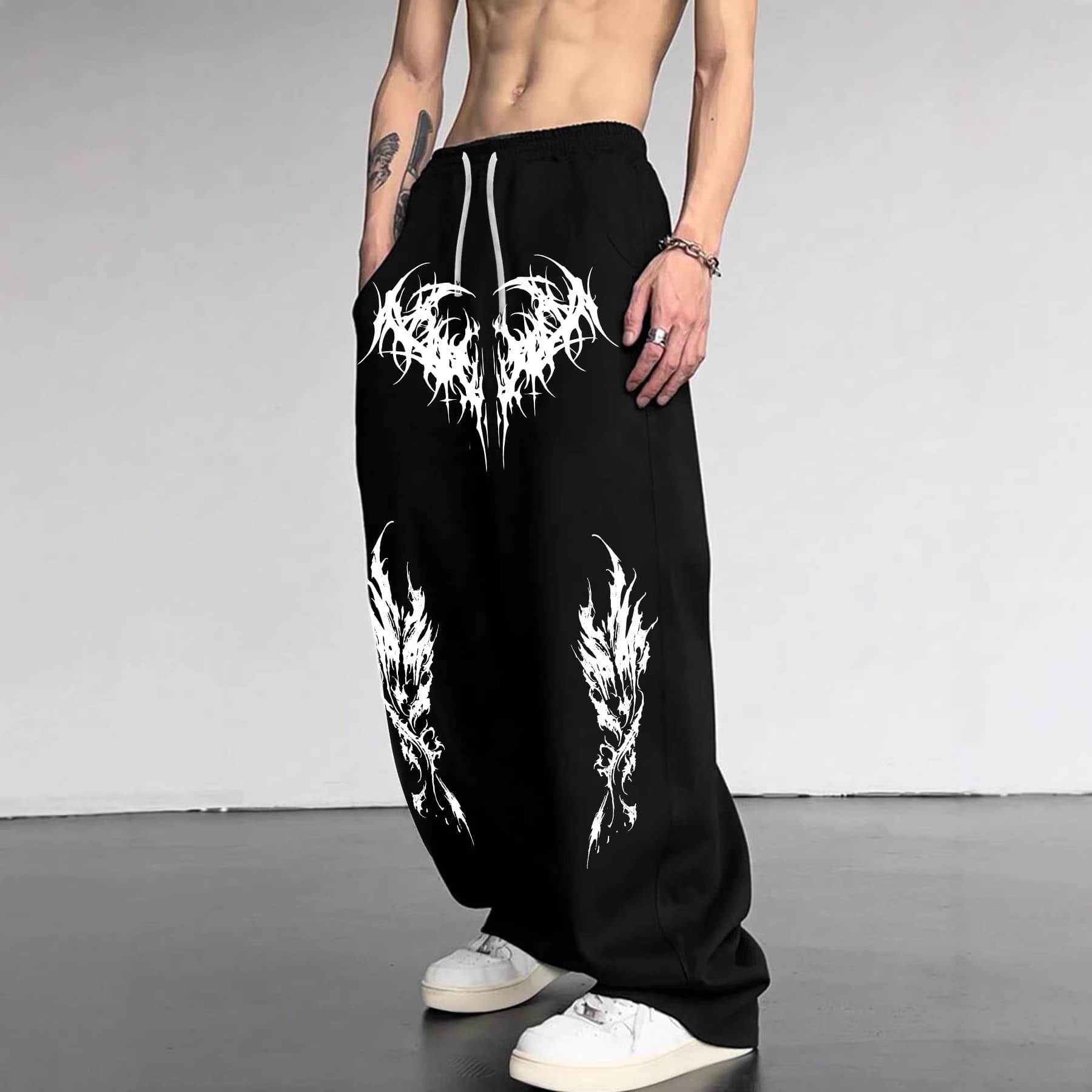 Men's Clothing Spring/Autumn Y2K Dark Gothic Y2K Cargo Joggers - Oversized Drawstring Pants With Dark Print & Fleece Lining For Unisex Streetwear