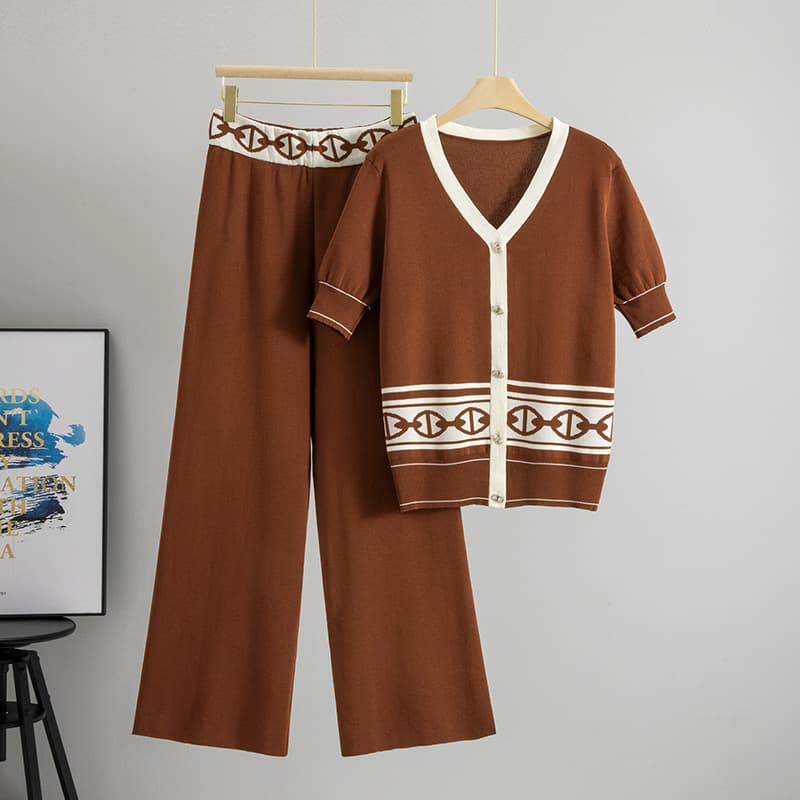 Women's Clothing Fashion Suit For Women In Summer Short Sleeved Loose Knitted Tops Two Piece Suits Casual High Waisted Slim Straight Wide Leg Pants
