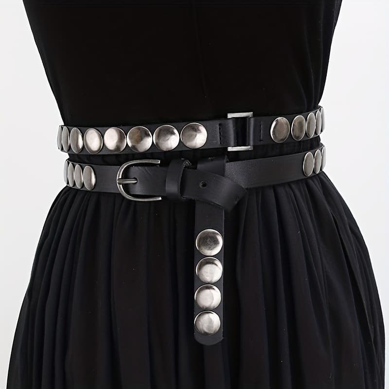 Women's Belts rivet punk belt retro genuine leather women's extended double circle thin belt belt cross-border hot sale