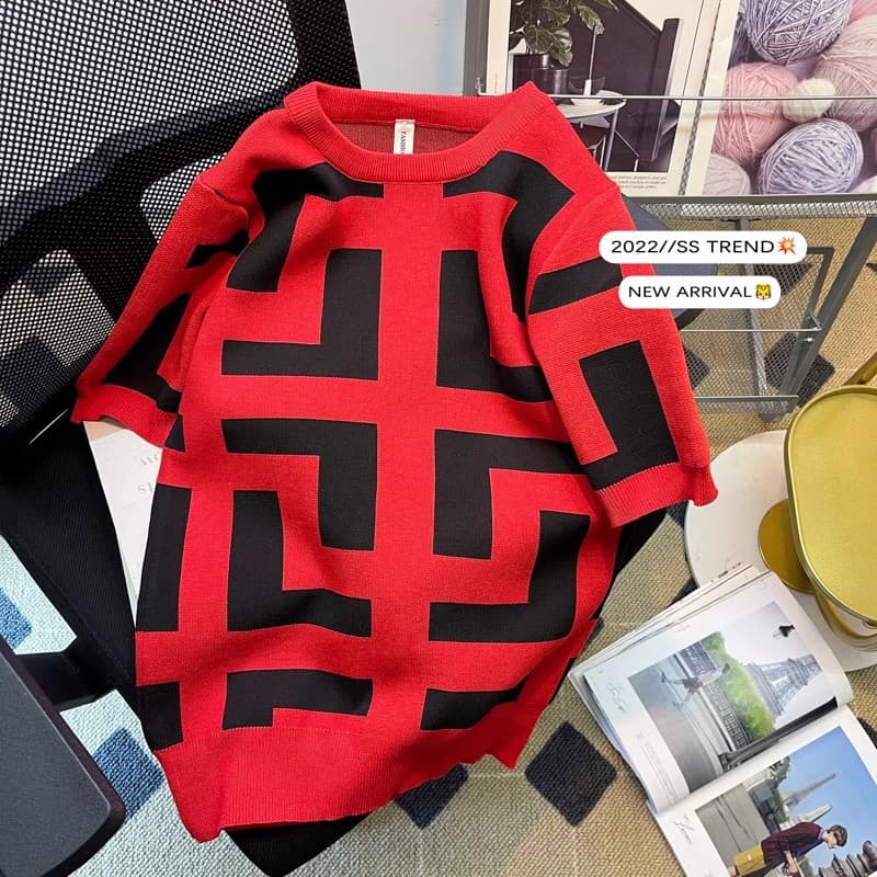 Men's Clothing Short Sleeved Men's Spring And Summer Style Ins Trend Contrast Color Knitted T Shirt Youth Handsome Casual Half Sleeved Tops Men