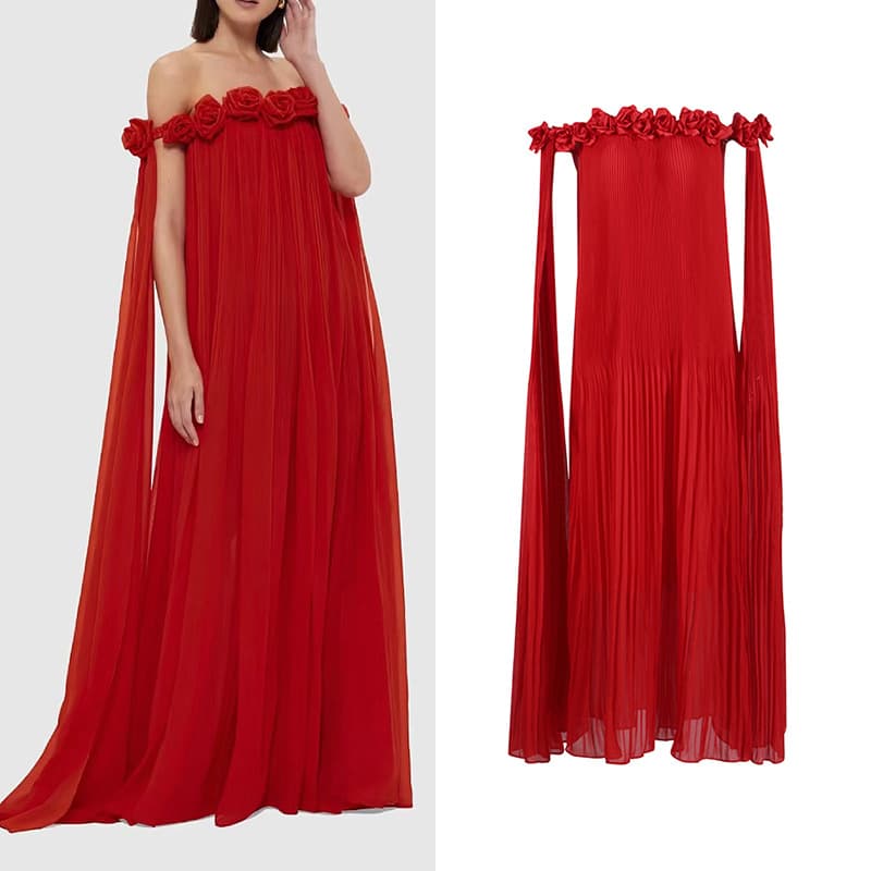 Women's Clothing dress new one shoulder three dimensional flower splicing off shoulder sexy long pleated skirt for women