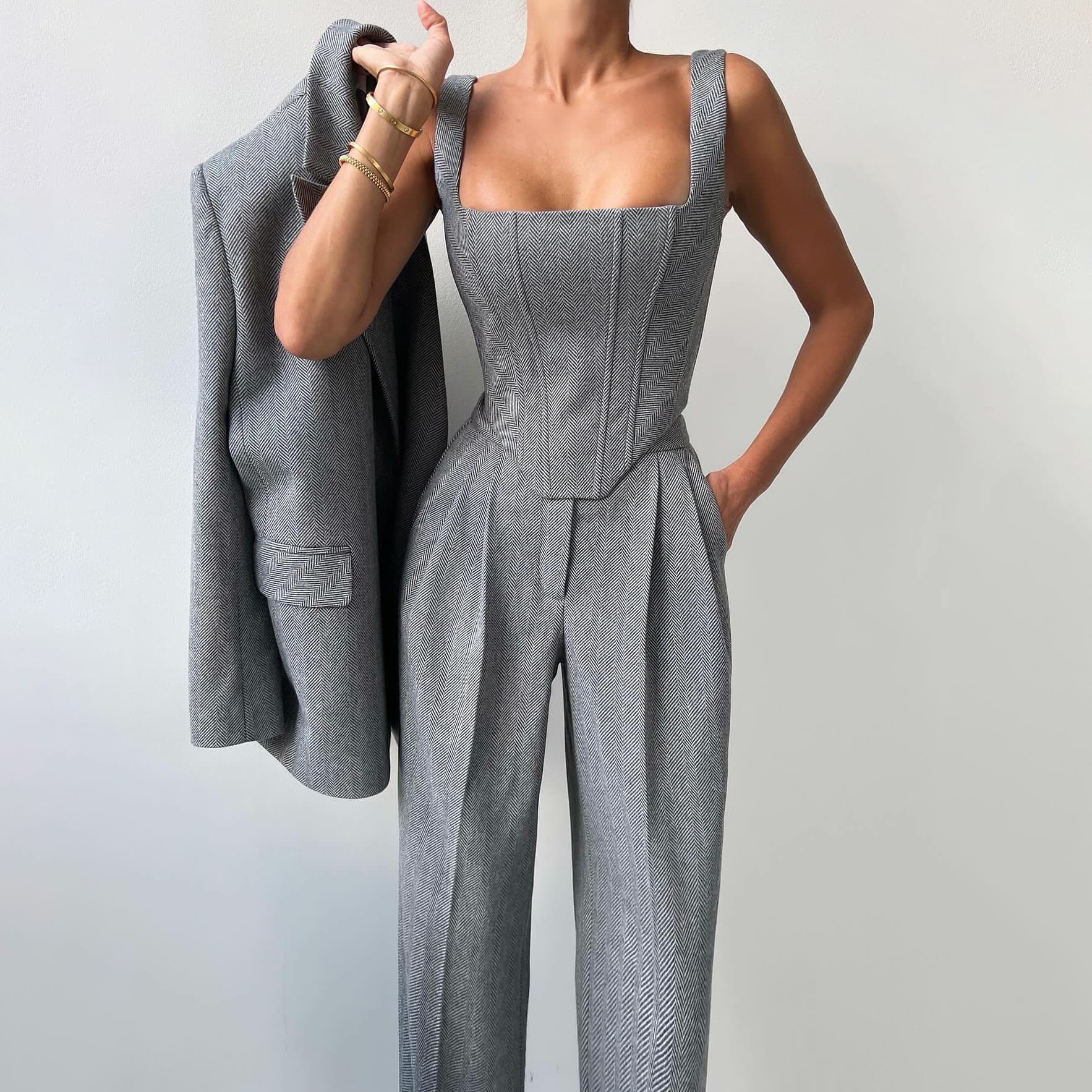 Women's Clothing Fashion Solid Color Waist Fishbone Shoulder Suit Three Piece Suit Women's Simple And Versatile Commuting High Waist Trousers